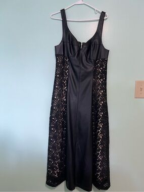 Anthropologie Black Faux Leather & Lace Maxi Dress